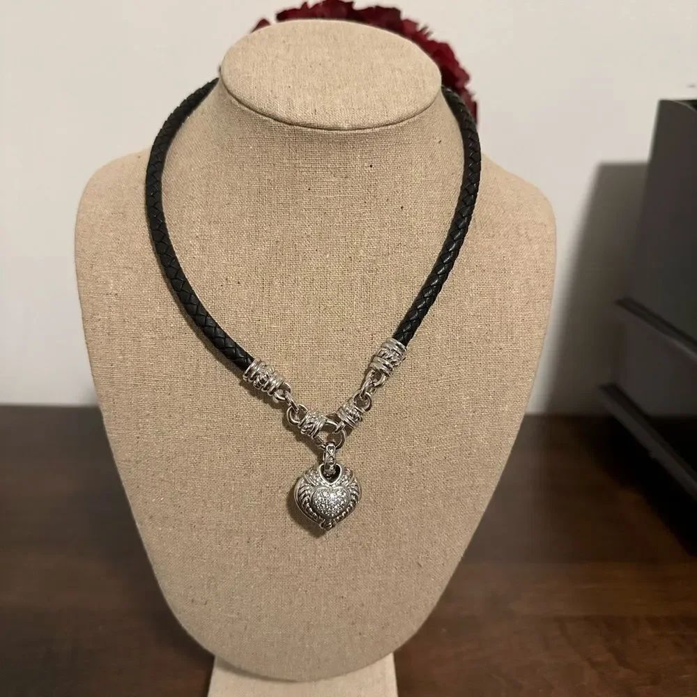 Judith Ripka Sterling Silver  925 Black Leather Cord Heart Magnetic Necklace